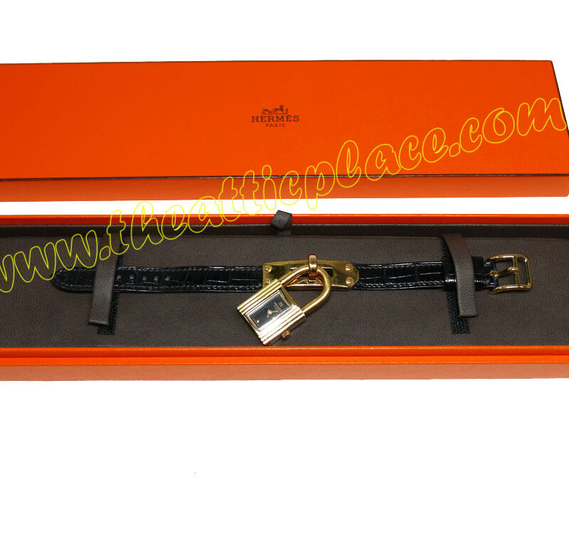 Hermes Kelly Watch Black Face Black Alligator M Strap with Gold Hardware-0
