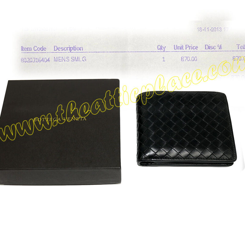 Bottega Veneta Black Woven 7 Card with IC , Coin Tri-Fold Men Wallet-0