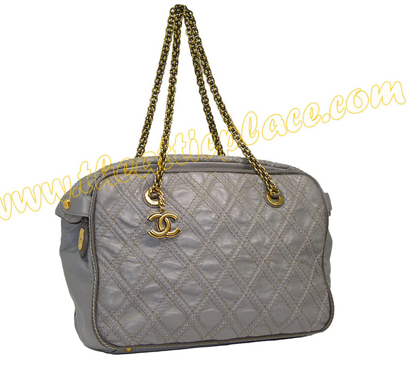 Chanel 14554767 Grey Distressed Leather Stitiching Zip-Top Boston Bag Mat Gold Hardware-0