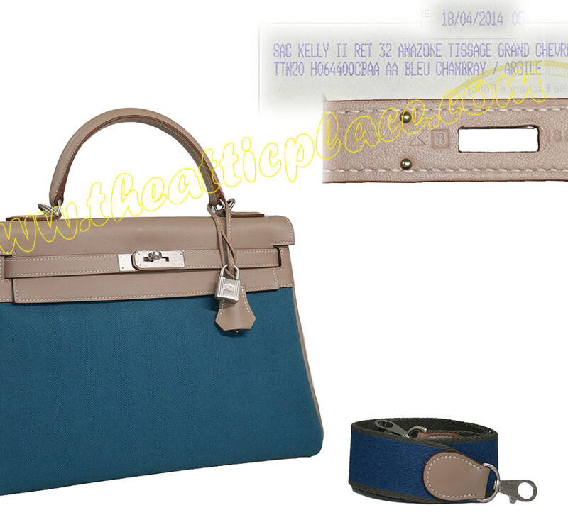 Hermes Kelly 32 Amazona Tissage Bleu Chambray/ Argile R Stamp Bag-0