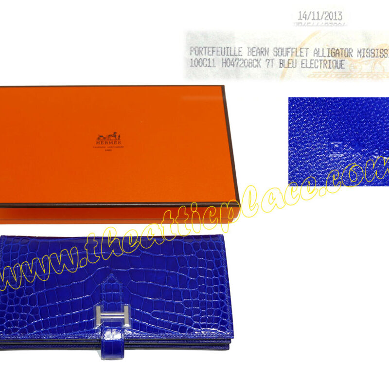 Hermes Bearn Wallet Q Stamp Soufflet Alligator Blue Electricque Palladium Hardware-0