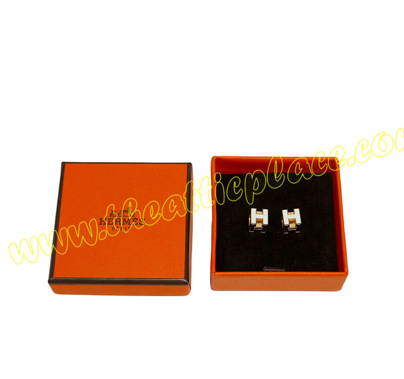 Hermes Cage D H Lacquered Cube White Earring Gold Hardware-0