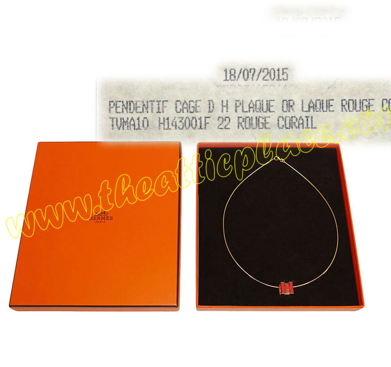 Hermes Cage D H Laque Cube Rouge Corail Gold Hardware Necklace-0