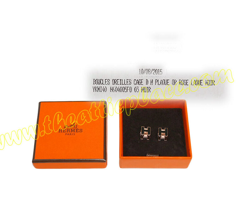 Hermes Oreilles Cage D H Plaque Rose Laque Black Earring-0