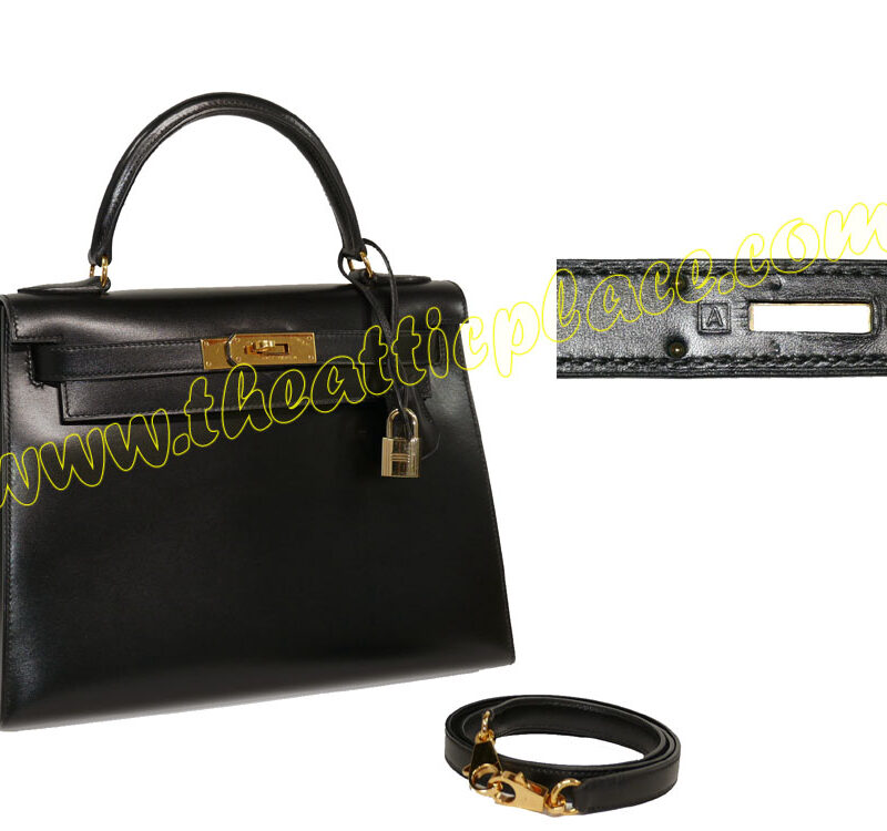 Hermes Kelly 28 Sellier Vintage A Stamp Black Box Leather Gold Hardware-0