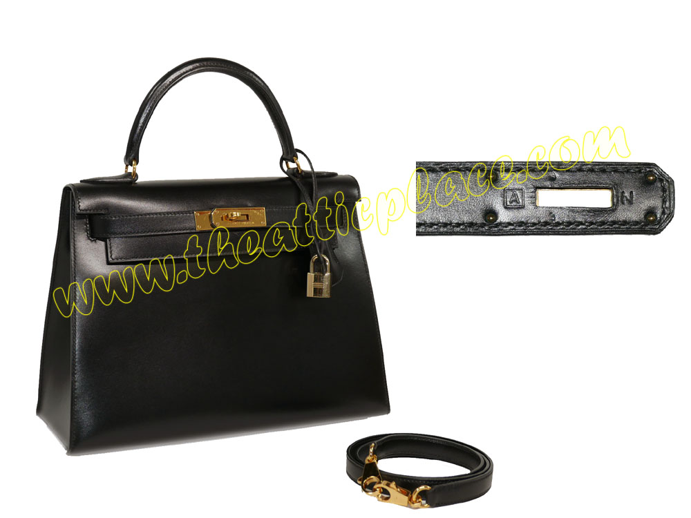 Hermes Kelly 28 Sellier Vintage A Stamp Black Box Leather Gold Hardware-0