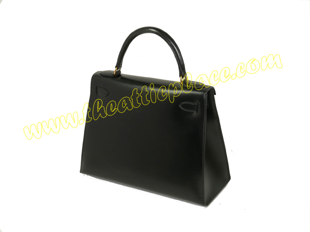 Hermes Kelly 28 Sellier Vintage A Stamp Black Box Leather Gold Hardware-36734