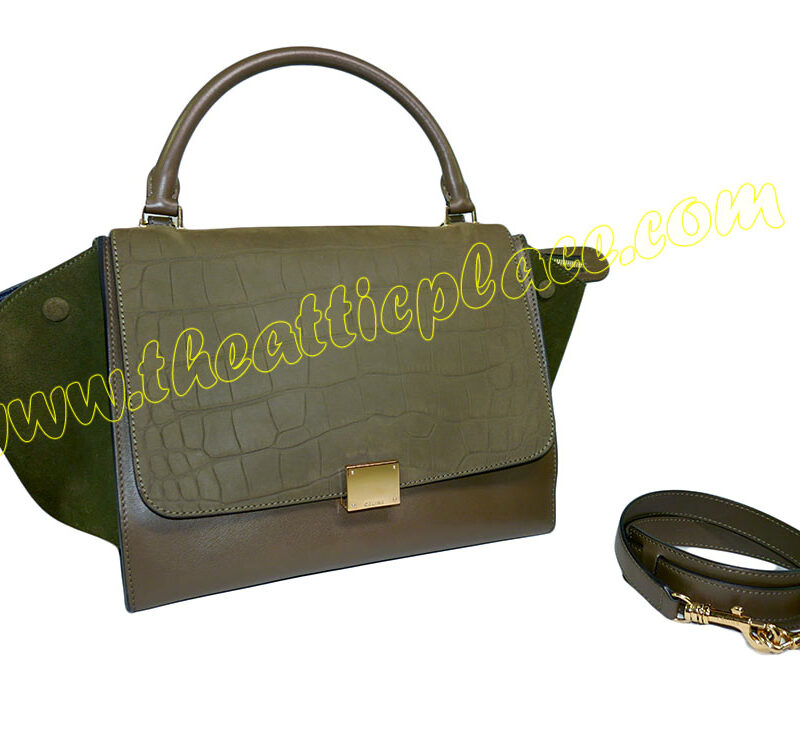 Celine Trapez Medium Olive Green Croco Embossed w Gold Hardware-0