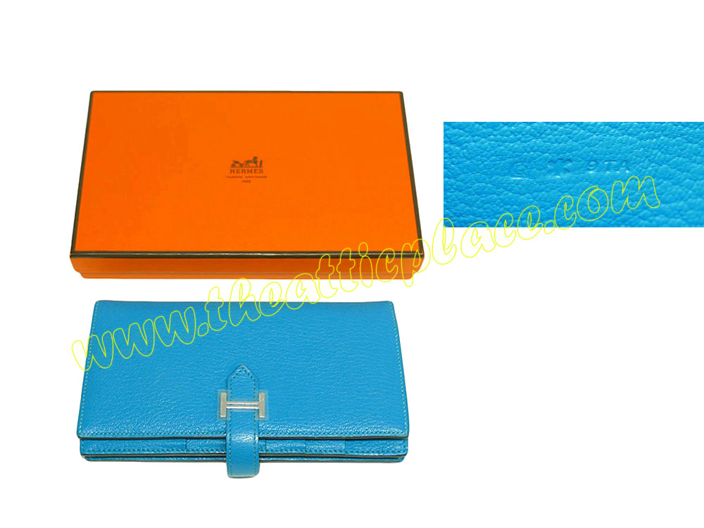 Hermes Bearn Wallet Blue/ Turqoise Mysore Leather Q Stamp Unisex -37508