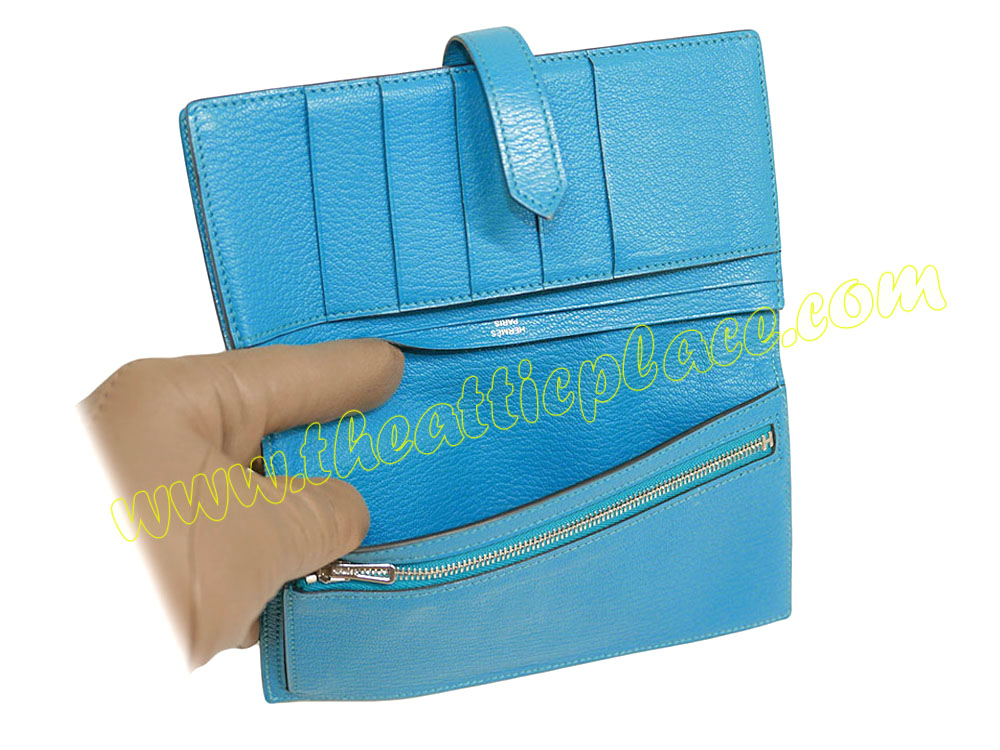 Hermes Bearn Wallet Blue/ Turqoise Mysore Leather Q Stamp Unisex -37510