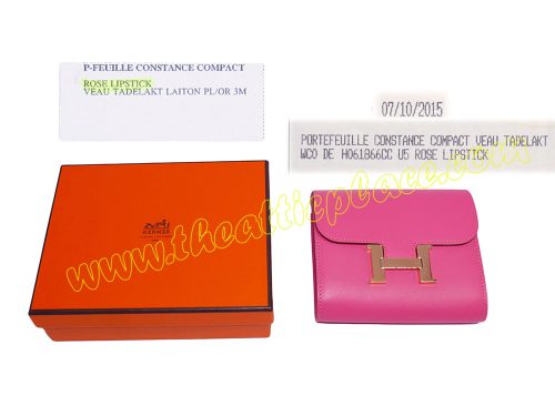 Hermes Rose Lipstick Veau Tadelakt Leather Constance Compact Wallet Gold Hardware-0