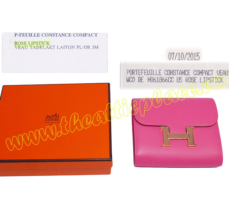 Hermes Rose Lipstick Veau Tadelakt Leather Constance Compact Wallet Gold Hardware-0