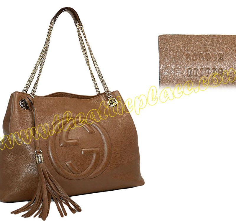 Gucci 308982 Camel GG Logo Soho leather shoulder bag-0