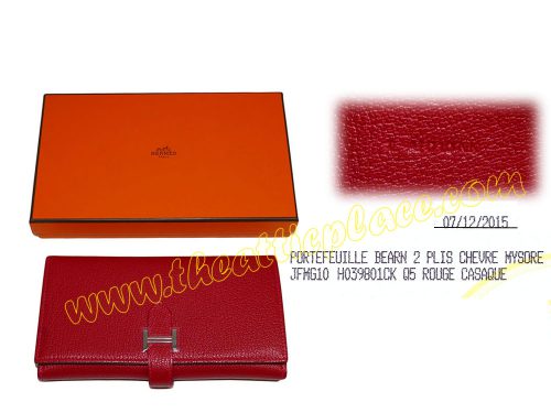 Hermes Chevre Mysore Tri-Fold 10 Cards Bearn Wallet Rouge Casa T Stamp Palladium Hardware-0