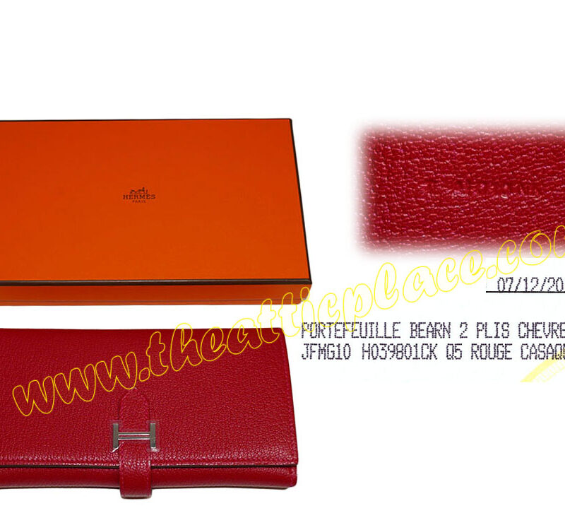 Hermes Chevre Mysore Tri-Fold 10 Cards Bearn Wallet Rouge Casa T Stamp Palladium Hardware-0