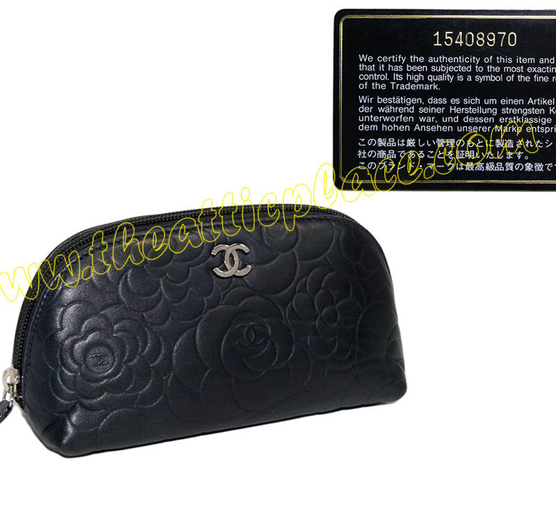 Chanel 15408970 Black Lambskin Camelia Cosmetic Pouch-0