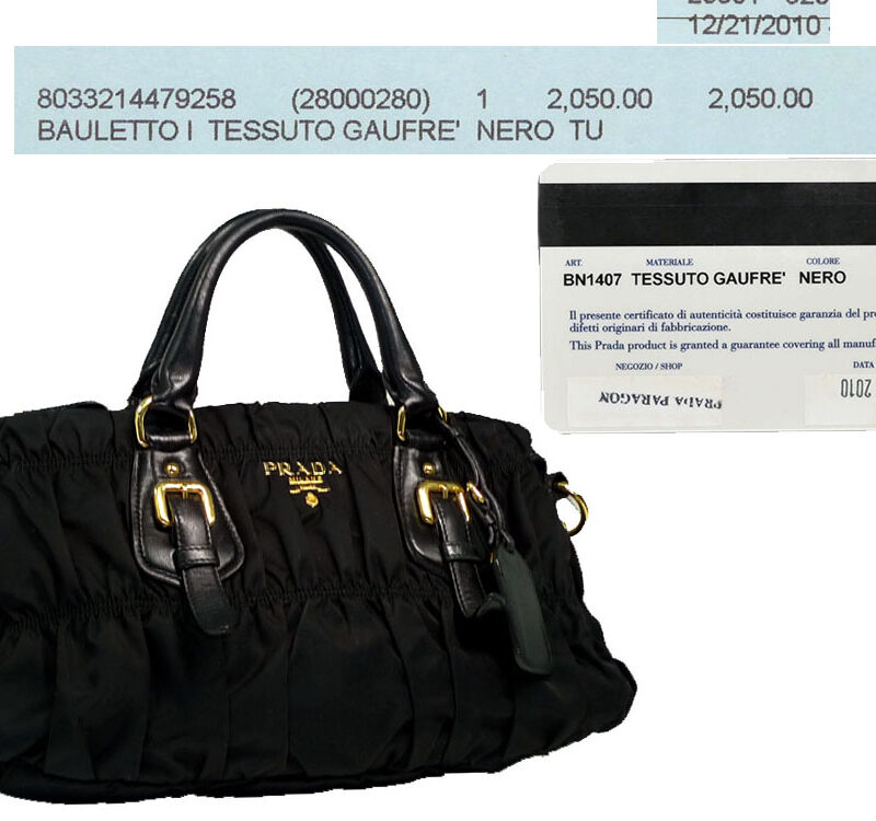Prada BN1407 Black Nylon Gaufre Tote Small with strap -0