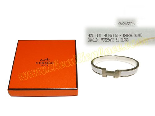 Hermes Clic H Bracelet 0.5" Narrow White/ Blanc GM Size in Mat Palladium Hardware -0