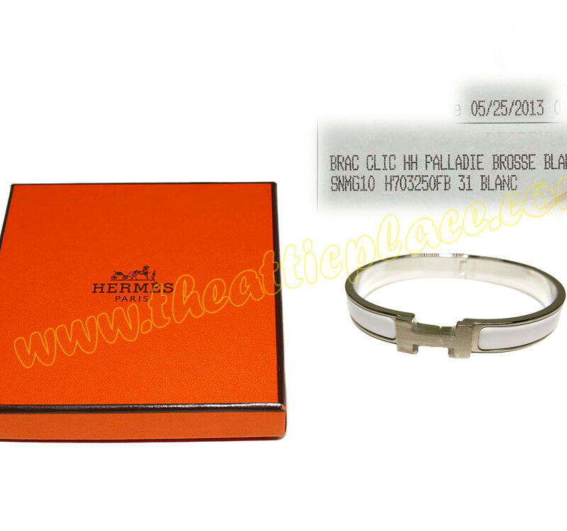 Hermes Clic H Bracelet 0.5" Narrow White/ Blanc GM Size in Mat Palladium Hardware -0
