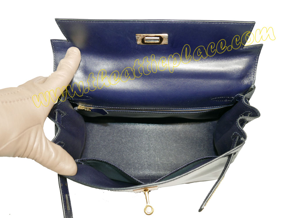 Hermes Kelly 28 Vintage Box Leather Stamp B Blue Indigo Gold Hardware w Strap-39275