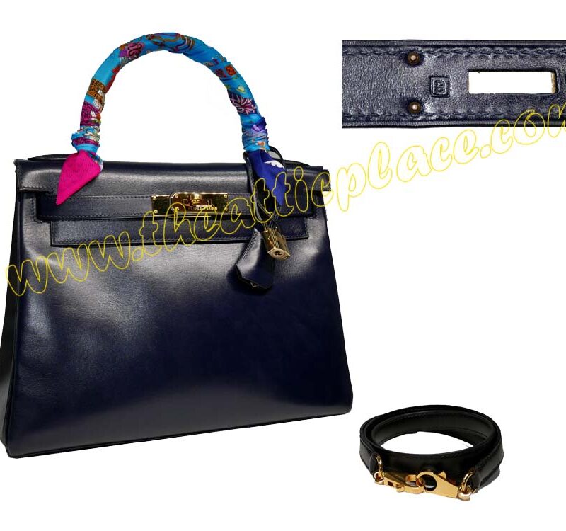 Hermes Kelly 28 Vintage Box Leather Stamp B Blue Indigo Gold Hardware w Strap-0
