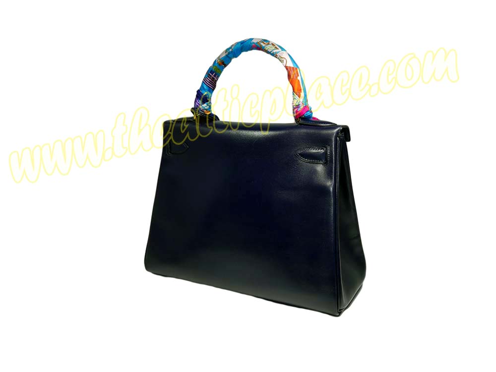 Hermes Kelly 28 Vintage Box Leather Stamp B Blue Indigo Gold Hardware w Strap-39407