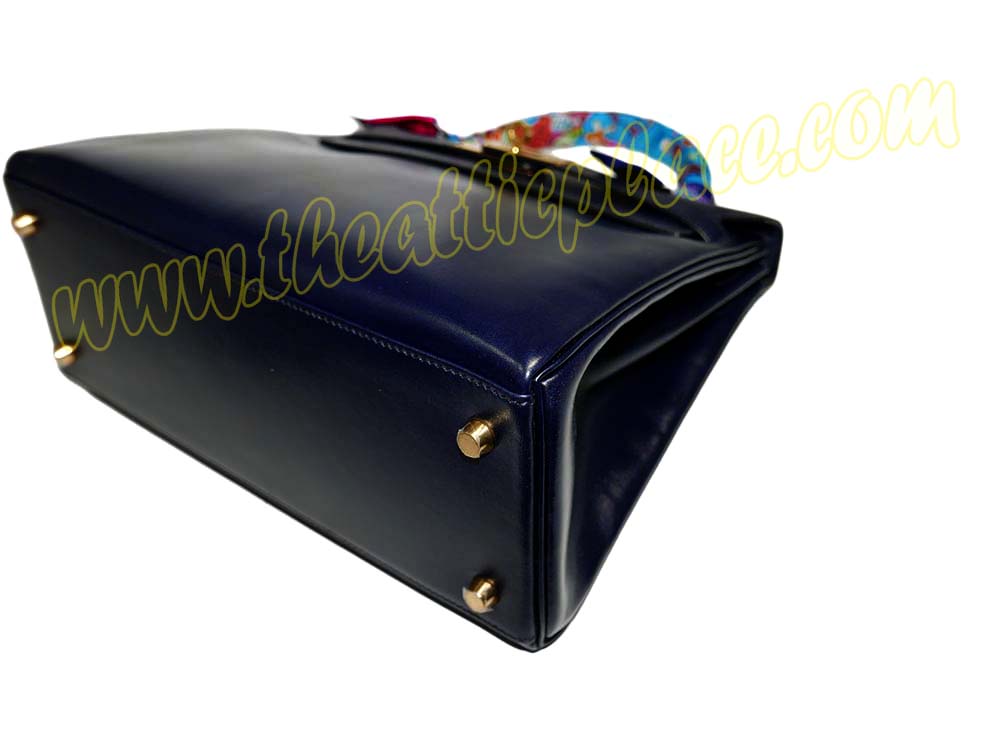 Hermes Kelly 28 Vintage Box Leather Stamp B Blue Indigo Gold Hardware w Strap-39408