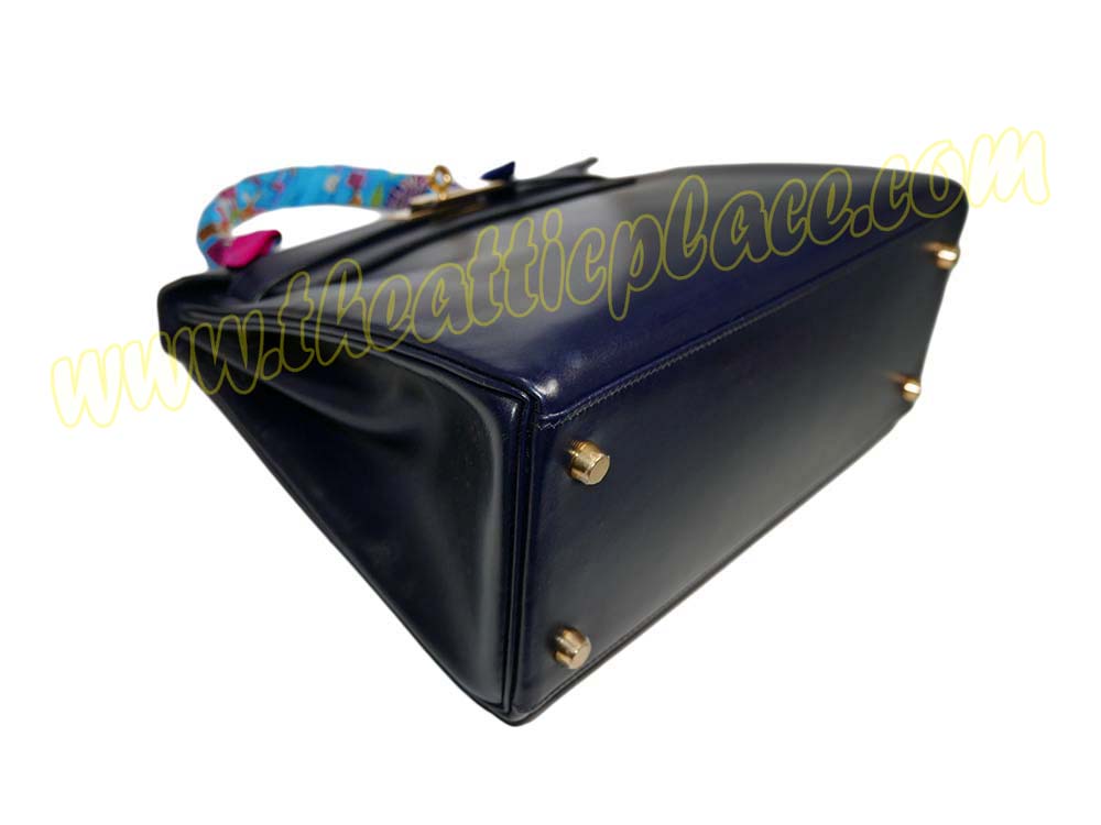 Hermes Kelly 28 Vintage Box Leather Stamp B Blue Indigo Gold Hardware w Strap-39405