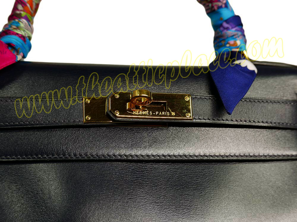 Hermes Kelly 28 Vintage Box Leather Stamp B Blue Indigo Gold Hardware w Strap-39404