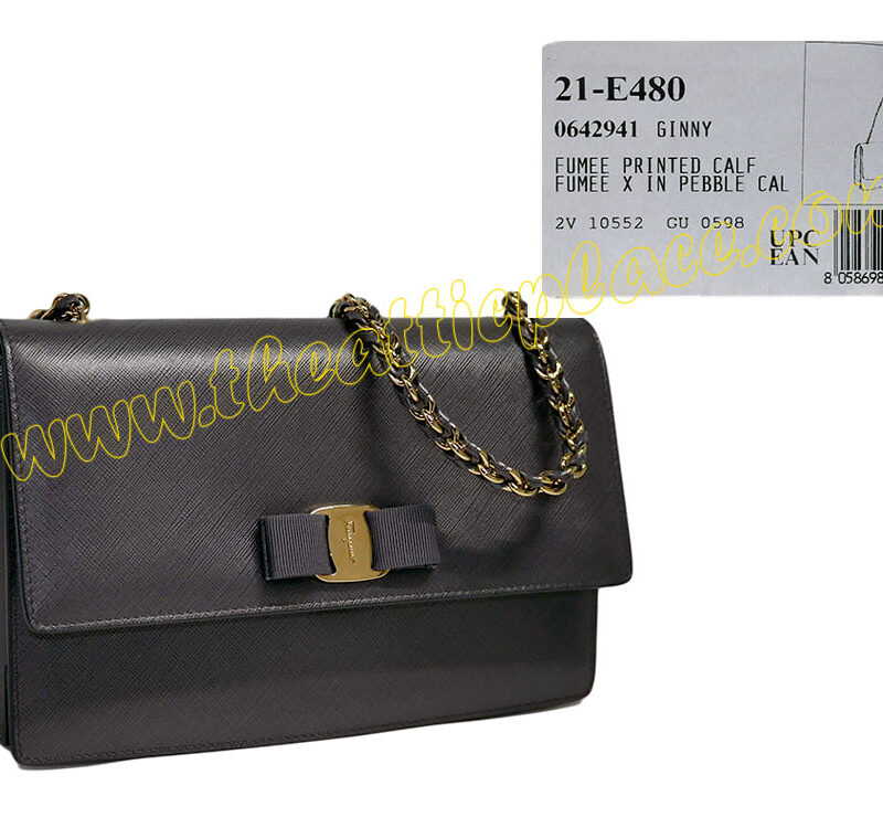 Ferragamo 21-E480 Medium Vara Flap Ginny Fumee/ Smoke Pebble Calf Clutch/ Shoulder Bag-0