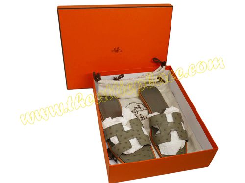 Hermes Etain Ostrich H Oran H Sandals Size 37 -0