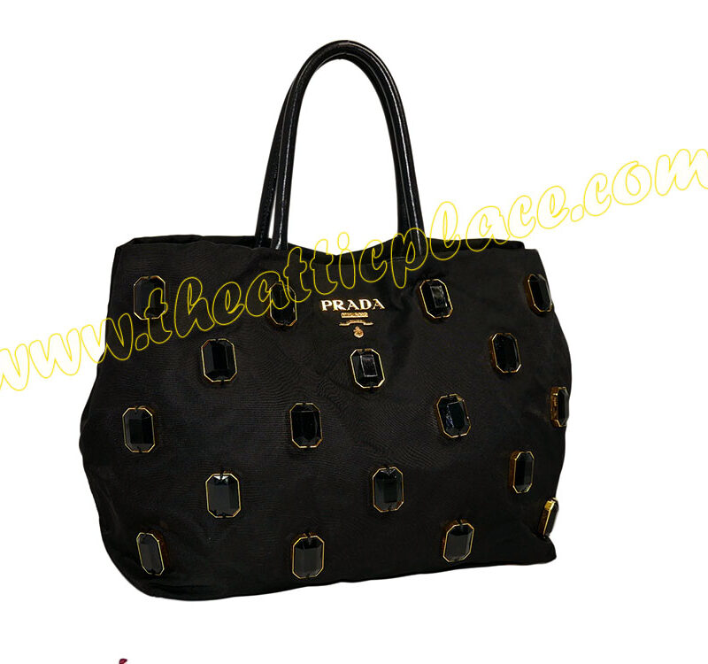 Prada BR4118 Black Nylon Tessuto Pietre Jeweled with Resin Stone Tote/ Shoulder Handbag-0