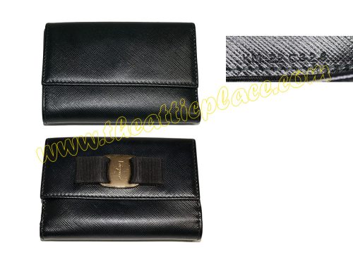 Ferragamo Vara Bow Black Calfskin Bio-Fold Wallet Gold Hardware-0