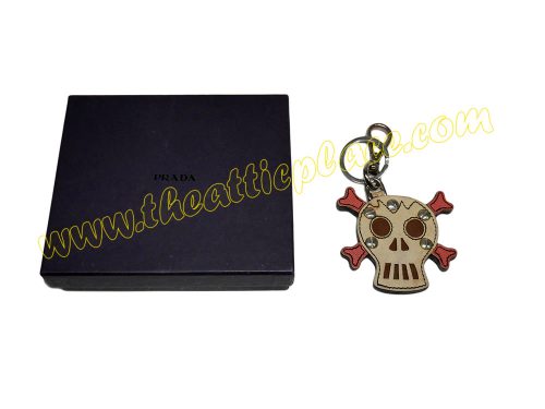 Prada Skull Pink/ Beige Saffiano Leather Key Ring/ Holder -0