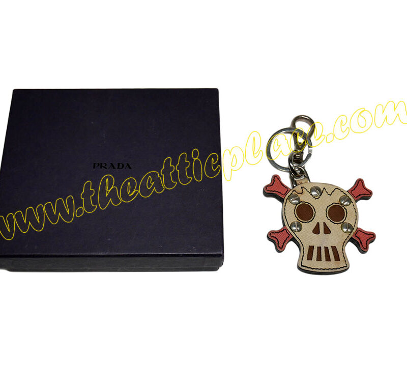 Prada Skull Pink/ Beige Saffiano Leather Key Ring/ Holder -0