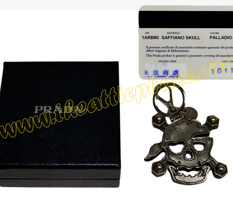 Prada 1ARB80 Palladio Saffiano Skull Key Ring/ Holder-0