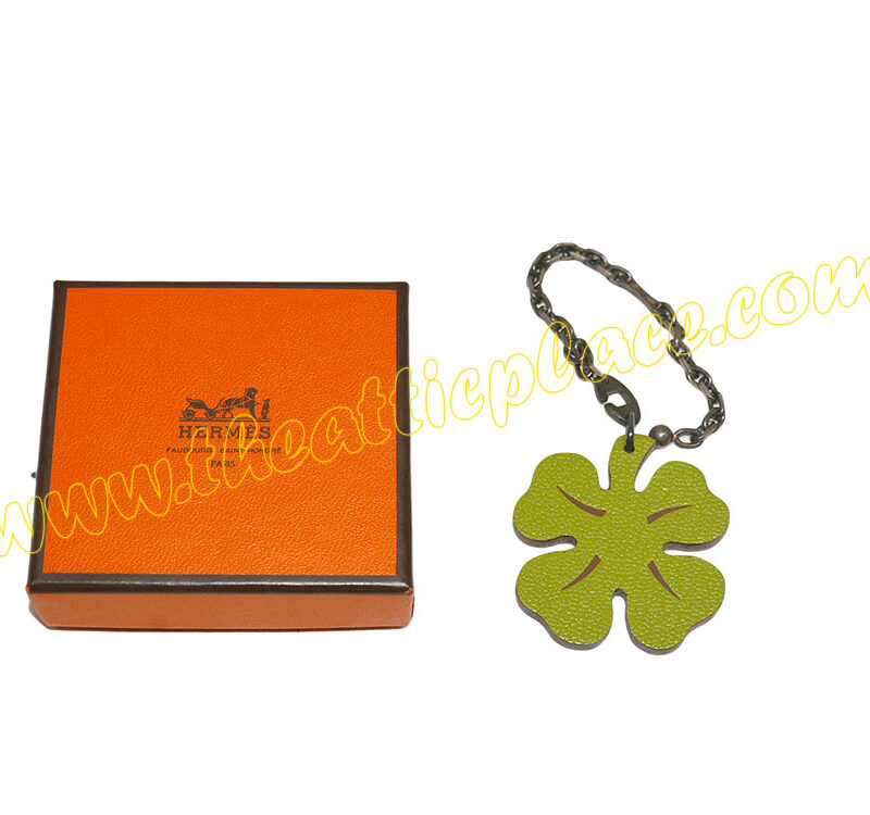 Hermes Clove Leaf Vert Anis/ Orange Flower Bag Charm/ Key Holder for Birkin/ Kelly / Lindy-0
