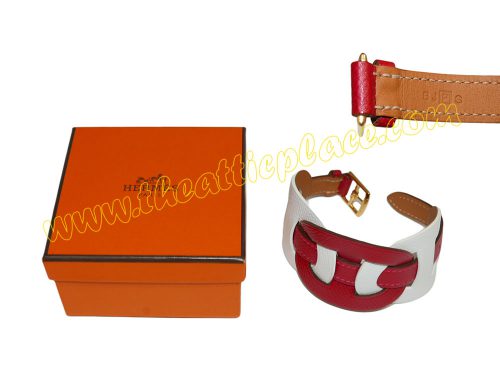 Hermes Limited Collection Cuir Fetiche Bracelet Red/ White P Stamp Gold Hardware-0