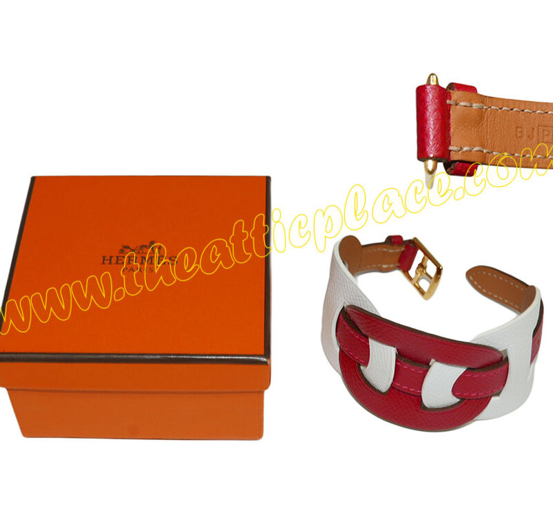 Hermes Limited Collection Cuir Fetiche Bracelet Red/ White P Stamp Gold Hardware-0