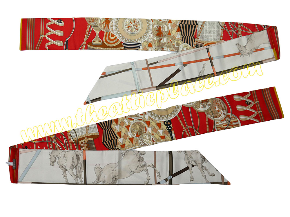 Hermes Limited Collection ! Petit H Silk Textile/ Black Leather Maxi Twilly Scarf -40056