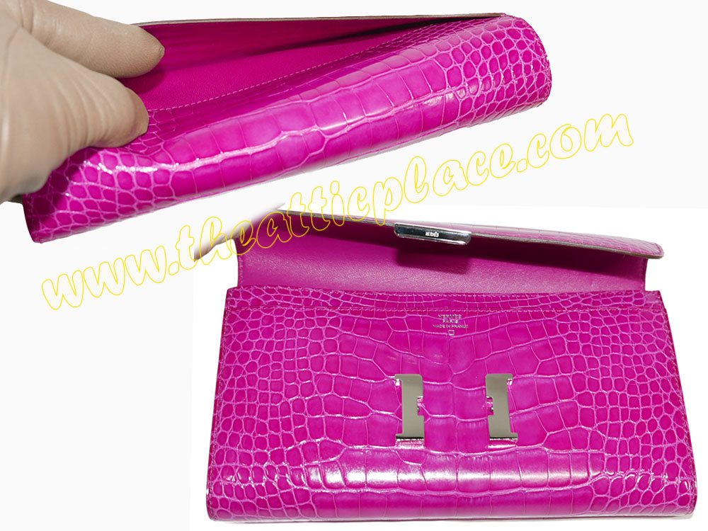 Hermes Shiny Rose Scheherzade Alligator Constance Wallet P Stamp Palladium Hardware -40026