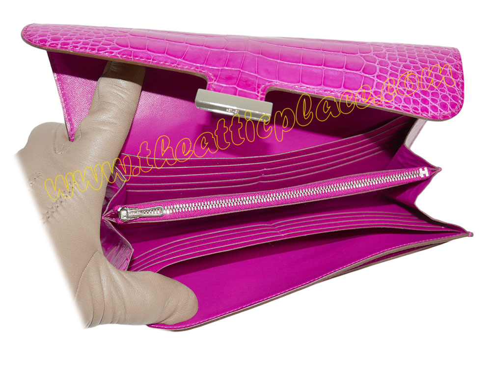 Hermes Shiny Rose Scheherzade Alligator Constance Wallet P Stamp Palladium Hardware -40023