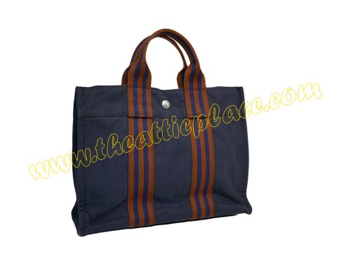 Hermes Blue/Brown Canvas Herline Tote PM-0