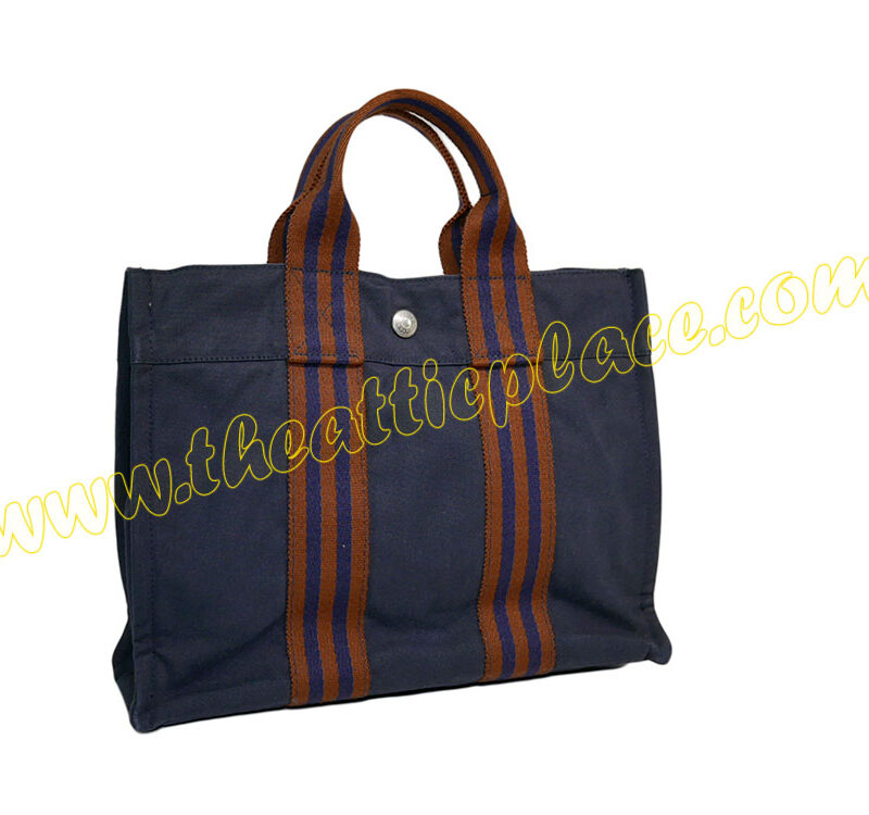 Hermes Blue/Brown Canvas Herline Tote PM-0