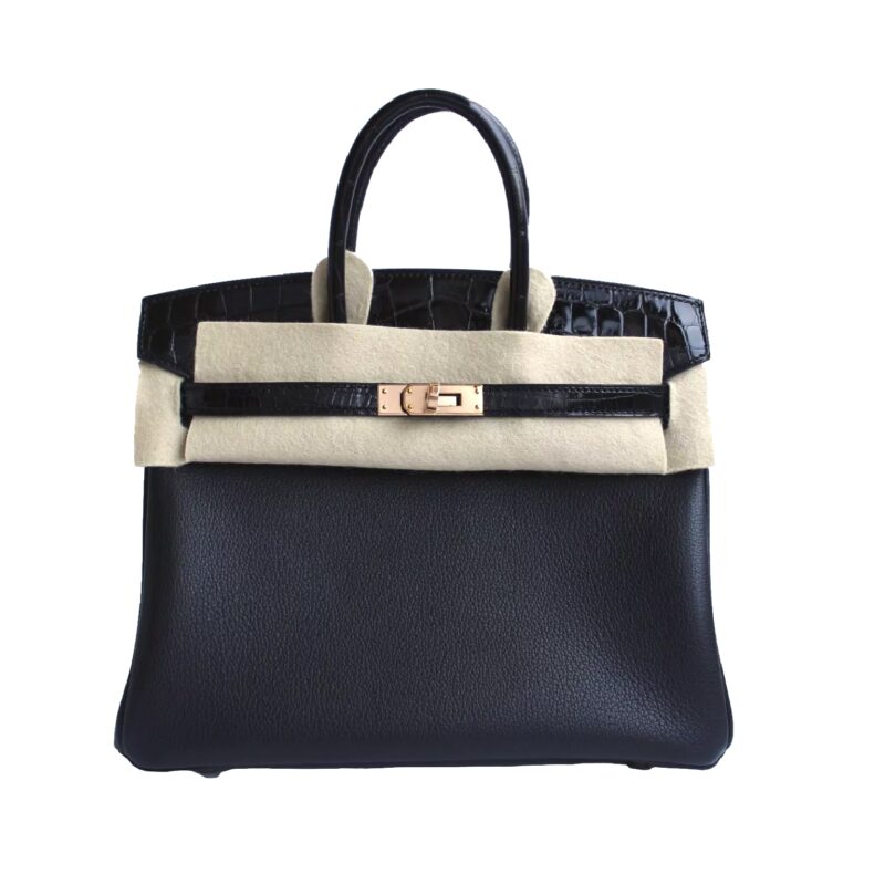 Rare Find ! Limited Collection ! Hermes Birkin 25 Black Touch Crocodile Niloticus Lisse Rose Gold Hardware-0