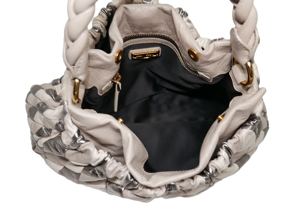 Miu Miu RR1428 Beige/ Silver / Grey Vitello Leather Harlequin Patchwork Bag-30886