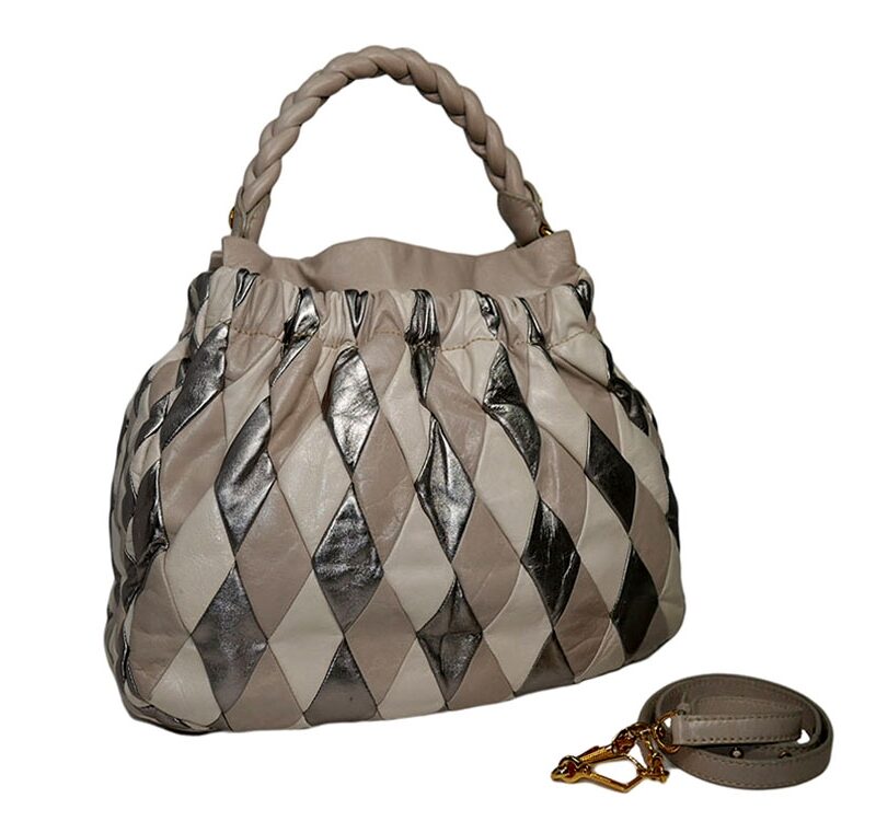 Miu Miu RR1428 Beige/ Silver / Grey Vitello Leather Harlequin Patchwork Bag-0