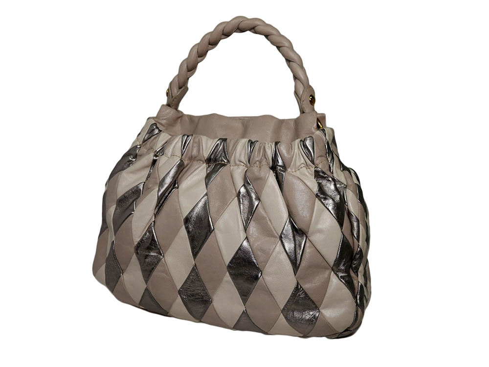 Miu Miu RR1428 Beige/ Silver / Grey Vitello Leather Harlequin Patchwork Bag-30887