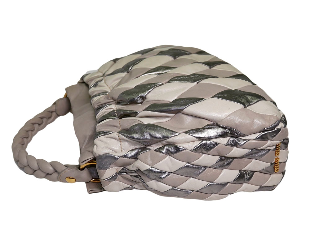 Miu Miu RR1428 Beige/ Silver / Grey Vitello Leather Harlequin Patchwork Bag-30889