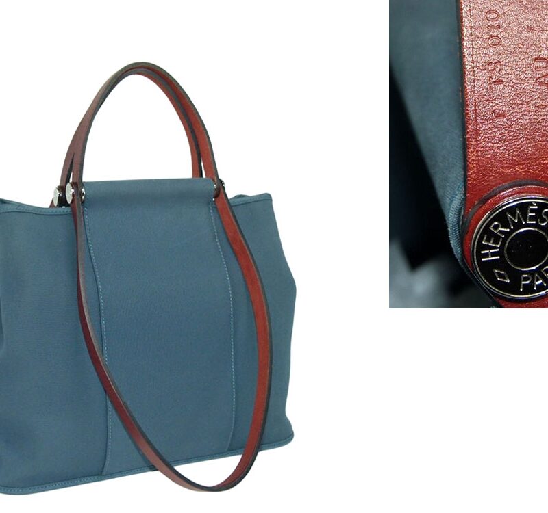 Hot Buy !! Hermes Cabag 32 Bleu Tempete / Rouge H Toile Officier Canvas Tote-0